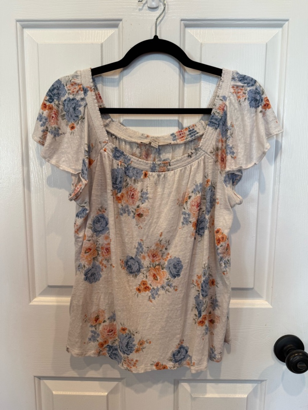 LOFT Floral Square-Neck Top in Cream, Blue & Orange